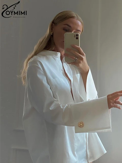 Oymimi Fashion White Woman Blouse 2023 Elegant Lapel Long Sleeve Office Lady Shirts Casual Pockets Classic Top Female Clothing 2