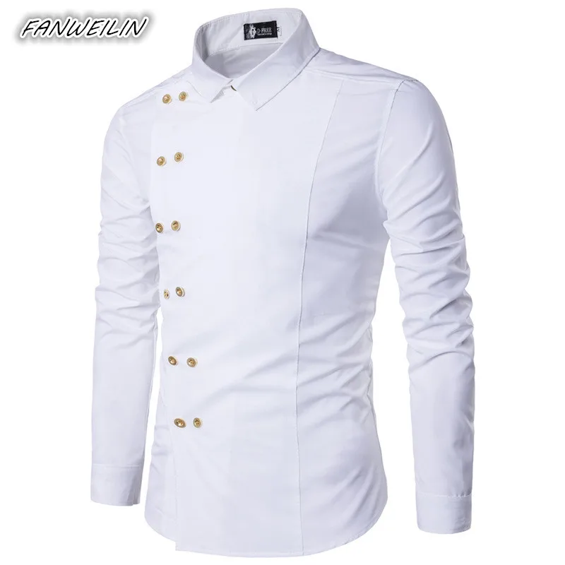 

Men Solid Color Long Sleeve Slim Fit White Shirt Autumn Mens Irregular Double Breasted Button Up Ethnic Shirts Chemise Blanche