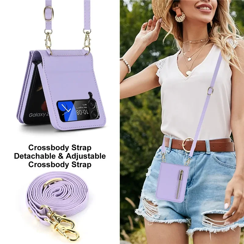 For Funda Samsung Galaxy Z Flip 6 5 4 3 Case Luxury Card Slot Phone Holder Zipper Wallet Crossbody Cover Folding Case Coque_voghion.com