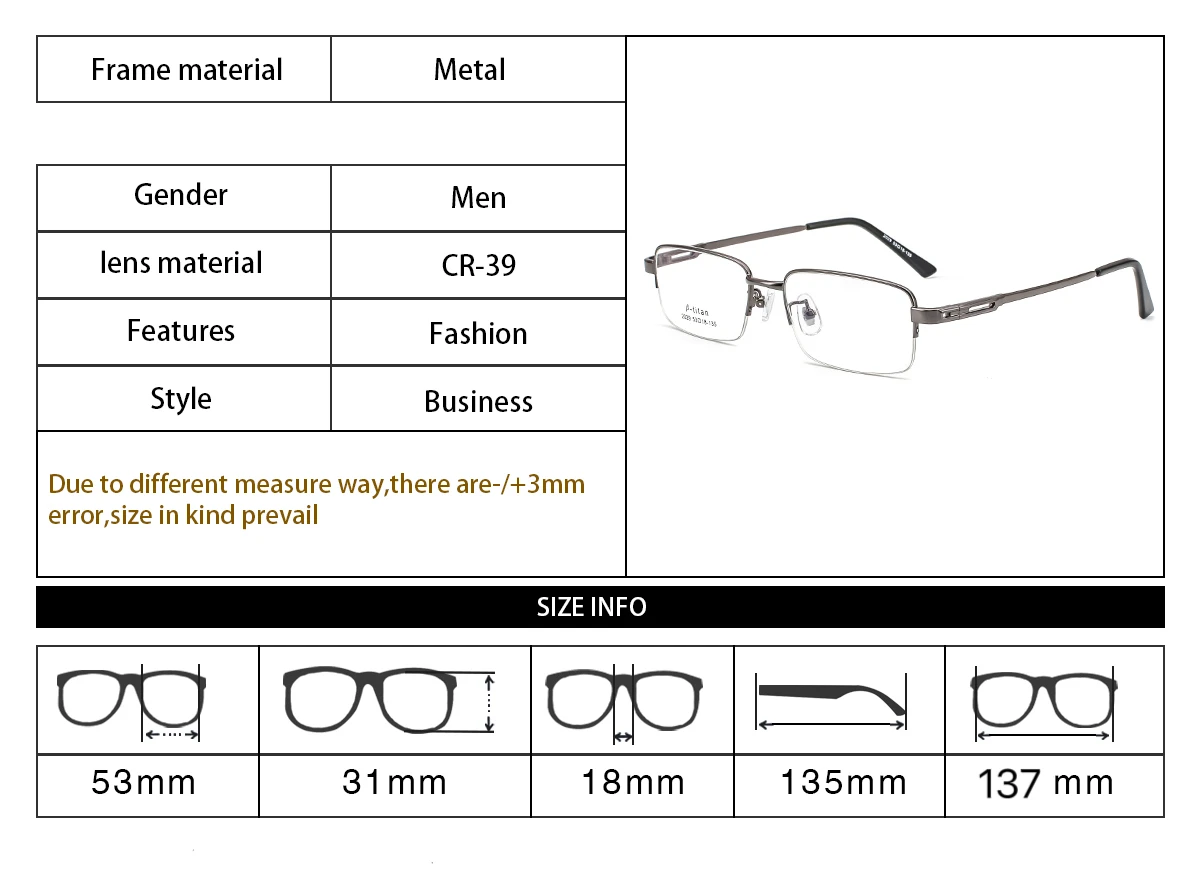 Kurzsichtige Brille mit halbem Metallrahmen, Unisex, verschreibungspflichtig, Myopie 0–0,5–1,5–2,5–3–3,25–3,50–3,75–4,00–4,25–4,50–4–5–6 – Detail 1