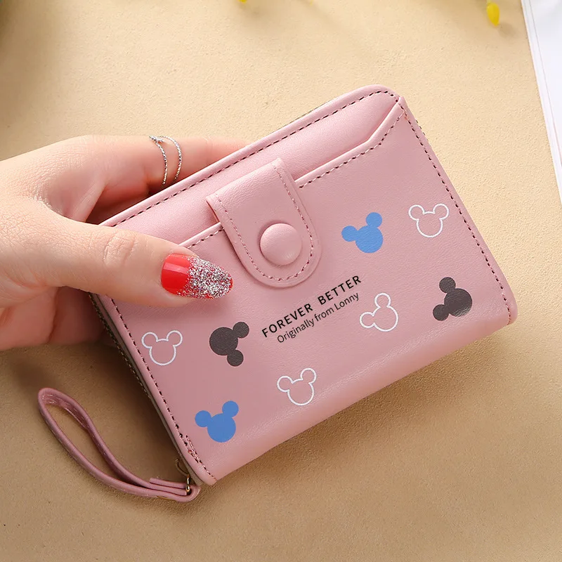 

Disney Woman Leather Purse Fashion Mickey Short Folding Purse Large Capacity Multi-card Banknote Storage Card Holder Money Clip