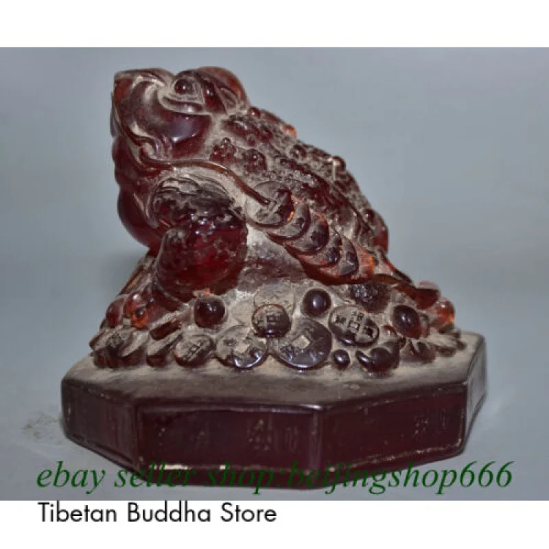 

5.4" Old Chinese Amber Carved Fengshui Frog Bufonid Wealth Statue Sculpture