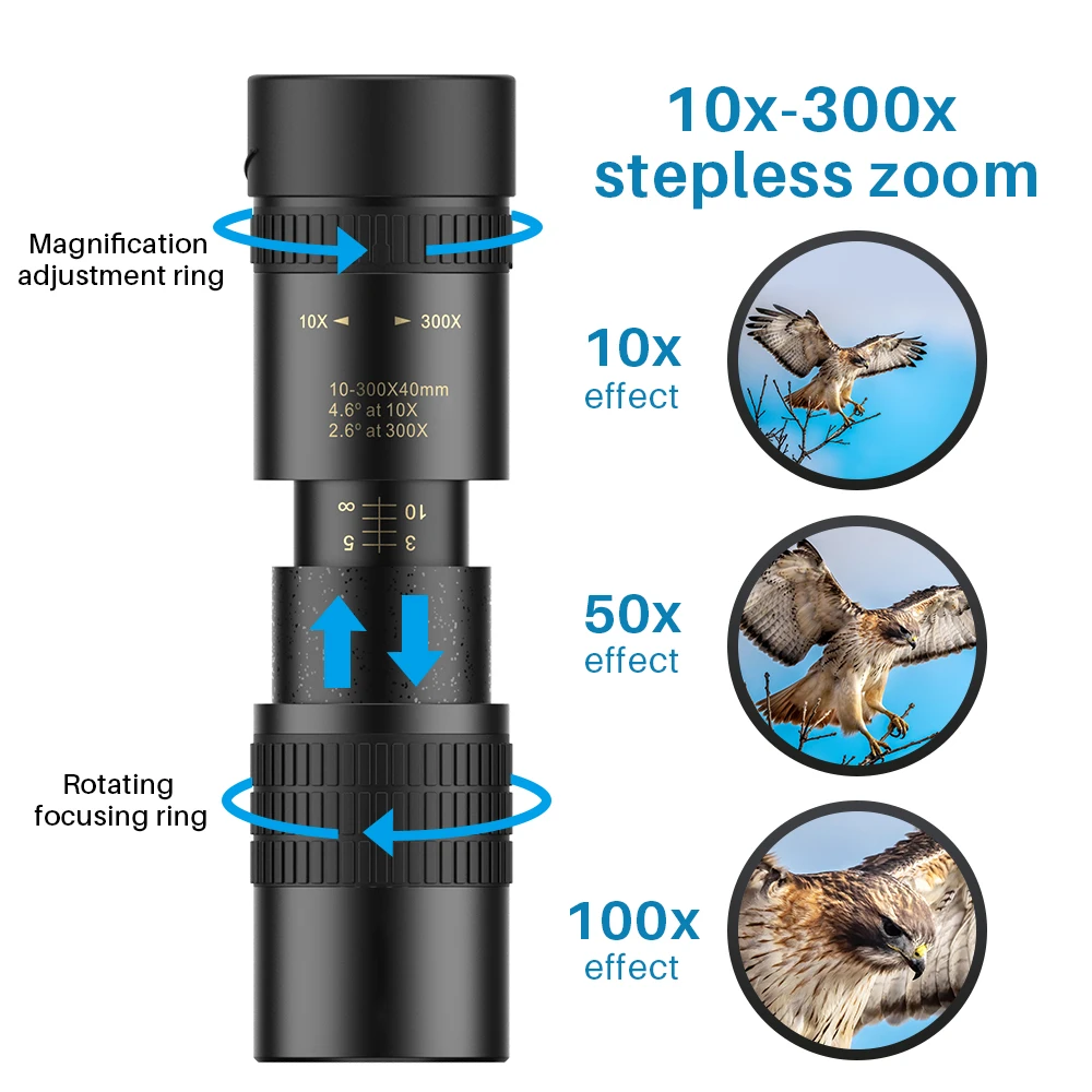APEXEL 10-300X40 텔레스코픽 줌 단안 고화질 망원경 4K 전문 단안 망원경 강력한 쌍안경 HD