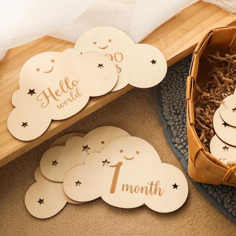 hand & footprint makers booklet 8Pcs/Set Wooden Cloud Shape Monthly Cards Double Sided Wooden Baby Engraved Age For Babe Photo Birthday Shooting Props best newborn photography