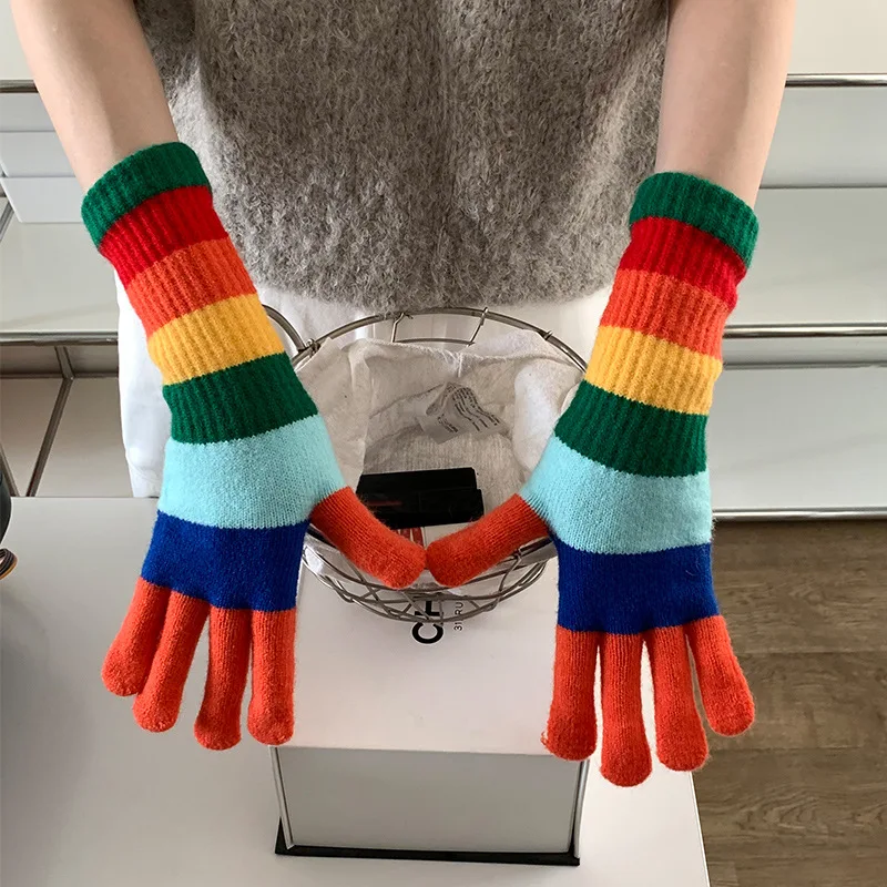 

Gloves Women's Autumn and Winter Rainbow Stripe Knitted Thickened Dopamine Color Exposed Two-Finger Touch Screen Cycling Gloves
