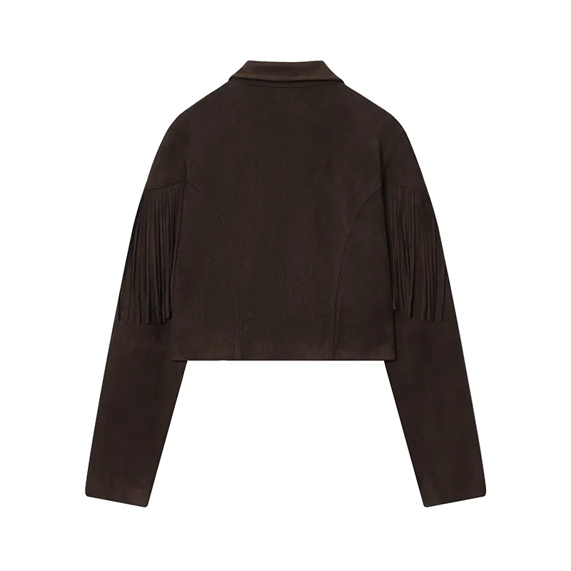 Women Cropped Suede Jacket Elegant Lapel Long Sleeve Tassel Short Coat New Causal Autumn Lady Streetwear Outerwear 2025 ﻿ ﻿