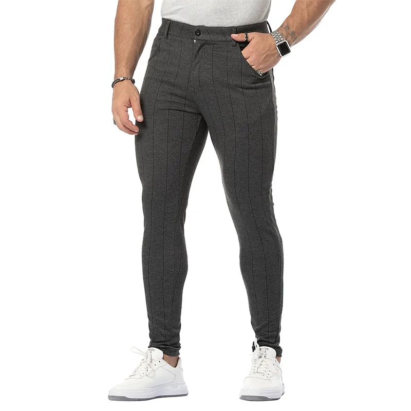 Men's Casual Pants Grey Slim Fit Cotton Check Side Stripe Ankle Pants beige cargo pants