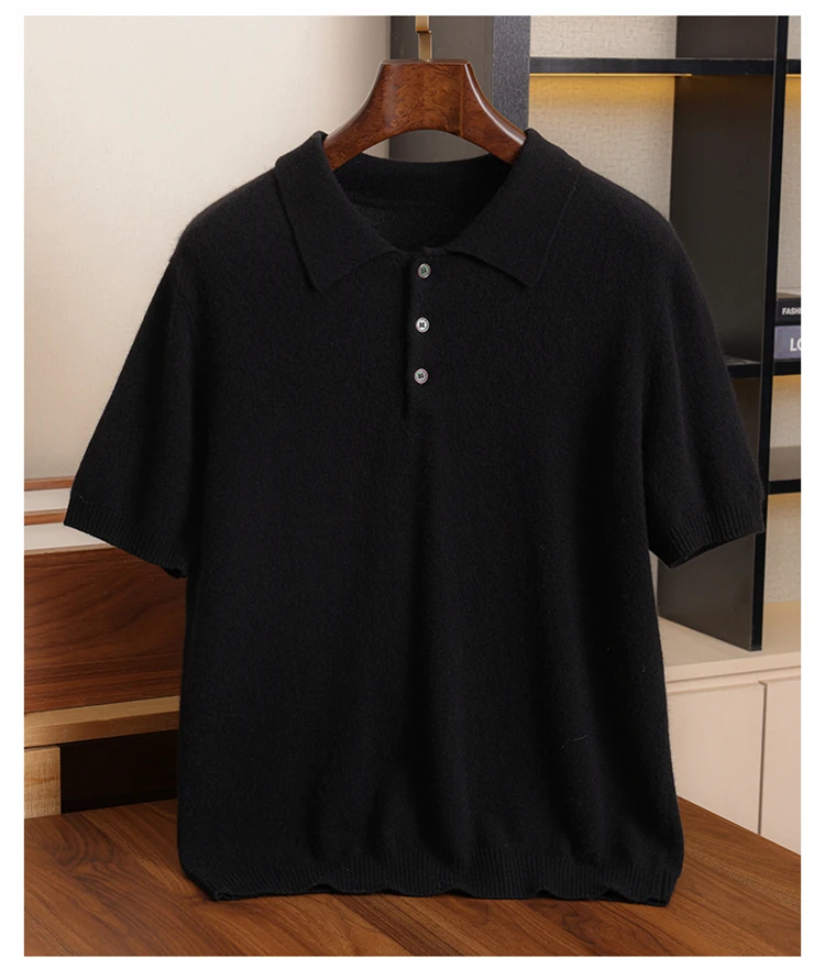 قميص بولو رجالي قصير الأكمام من الكشمير 100٪ للأعمال والملابس غير الرسمية، سترة للربيع والصيف