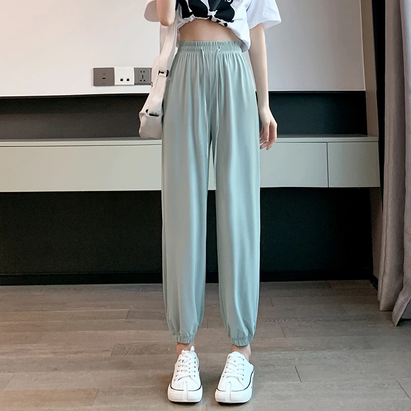 Women's Spring Autumn Elastic High Waisted Drawstring Casual Sports Pockets Solid Harlan Lantern Tie Trousers Sweet Pants