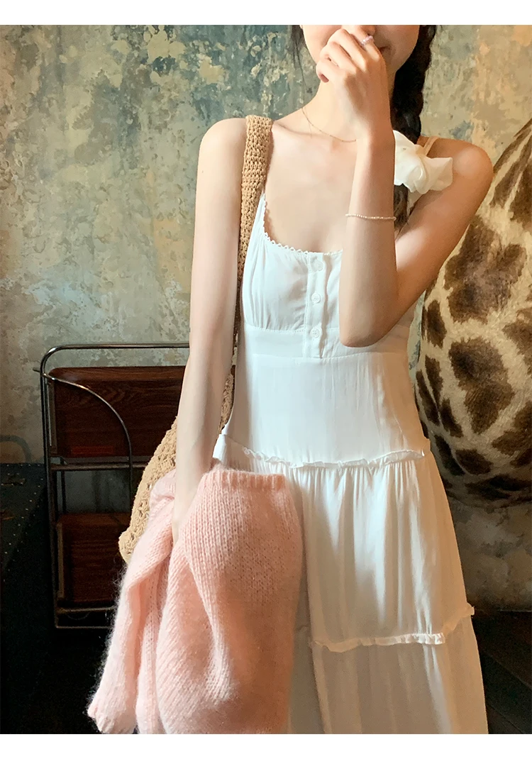 French Elegant Dresses for Women Solid Spaghetti Strap Summer New Ruffles A-line Casual Korean Chic Midi Vestidos Mujer