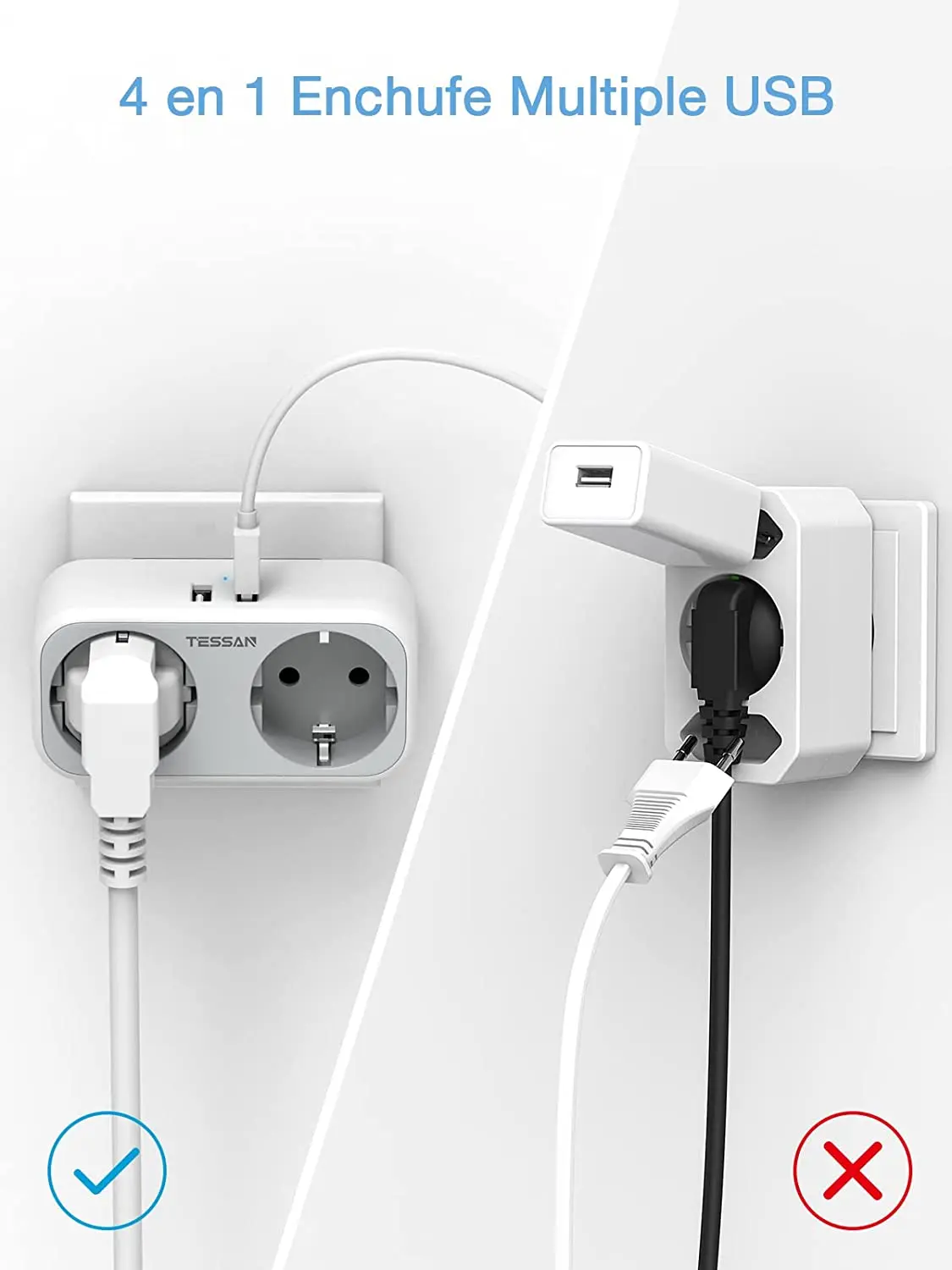 TESSAN Multi-tap Power Strip EU KR Plug Wall Socket with 2 Sockets