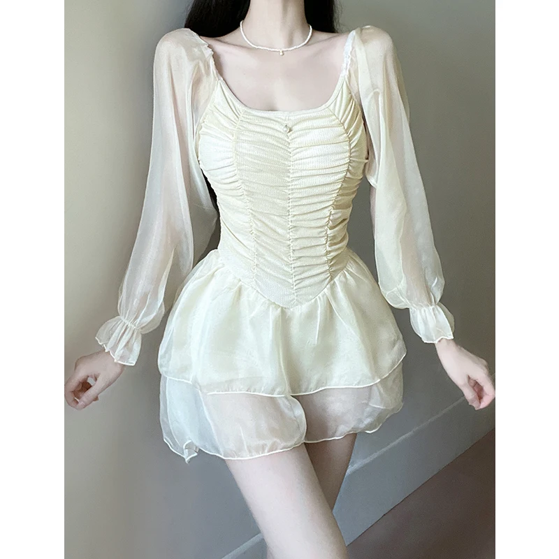 

Little Fresh Swimwear 2023 New Sexy Back Covering Belly Slim Long Sleeves Conservative Pleated One Piece Skirt Swimwear Women