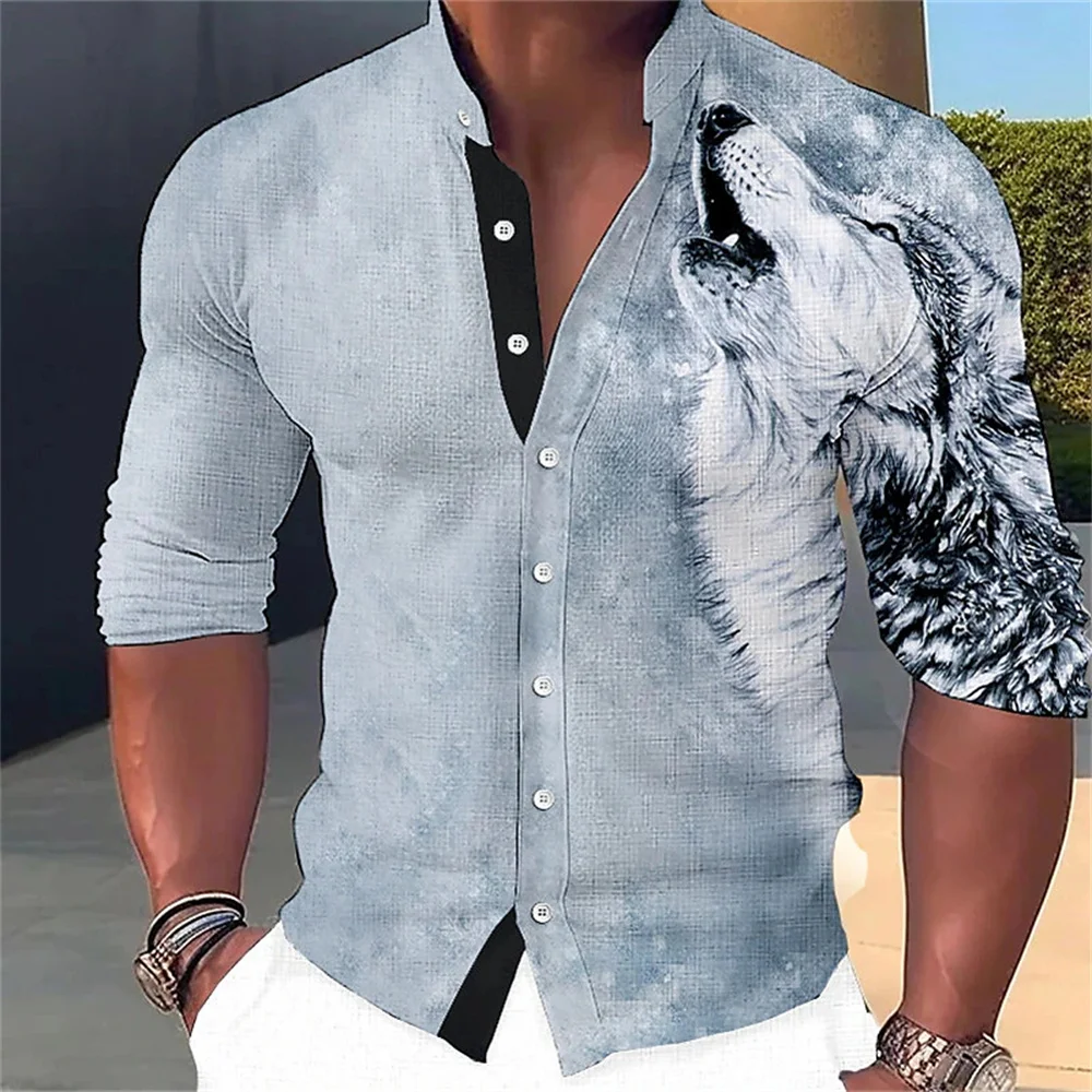 Men's creative animal 3D printing collar button up long sleeved shirt street fashion casual comfortable fabric men's clothing