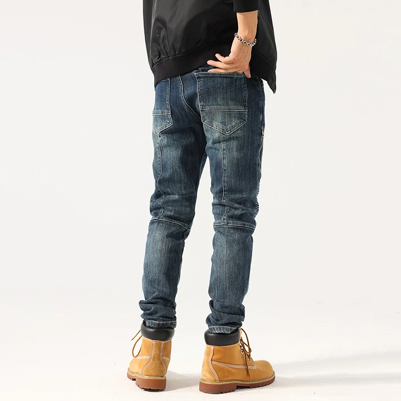 High Street Fashion Men Jeans Retro Blue Slim Fit Spliced Biker Jeans Homme Zipper Designer Hip Hop Pants Men Wrinkled Trousers