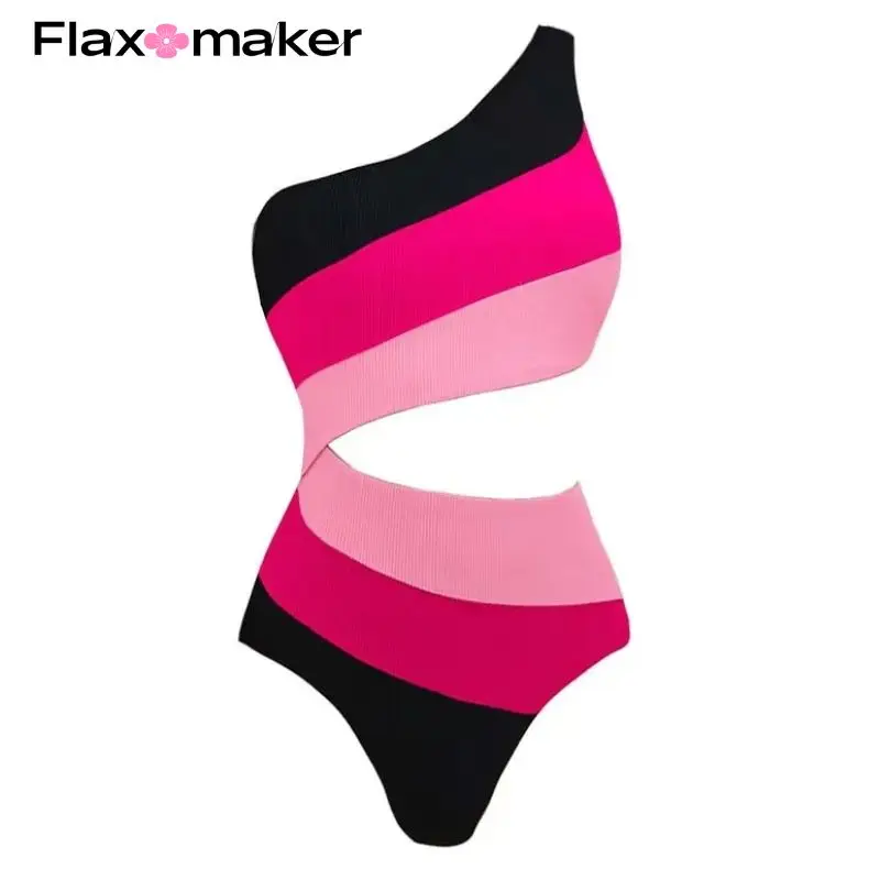 FLAXMAKER Color Block  One Piece  Swimwear Women  Vacation Beachwear Luxury Bathing Suit Sexy Bikini