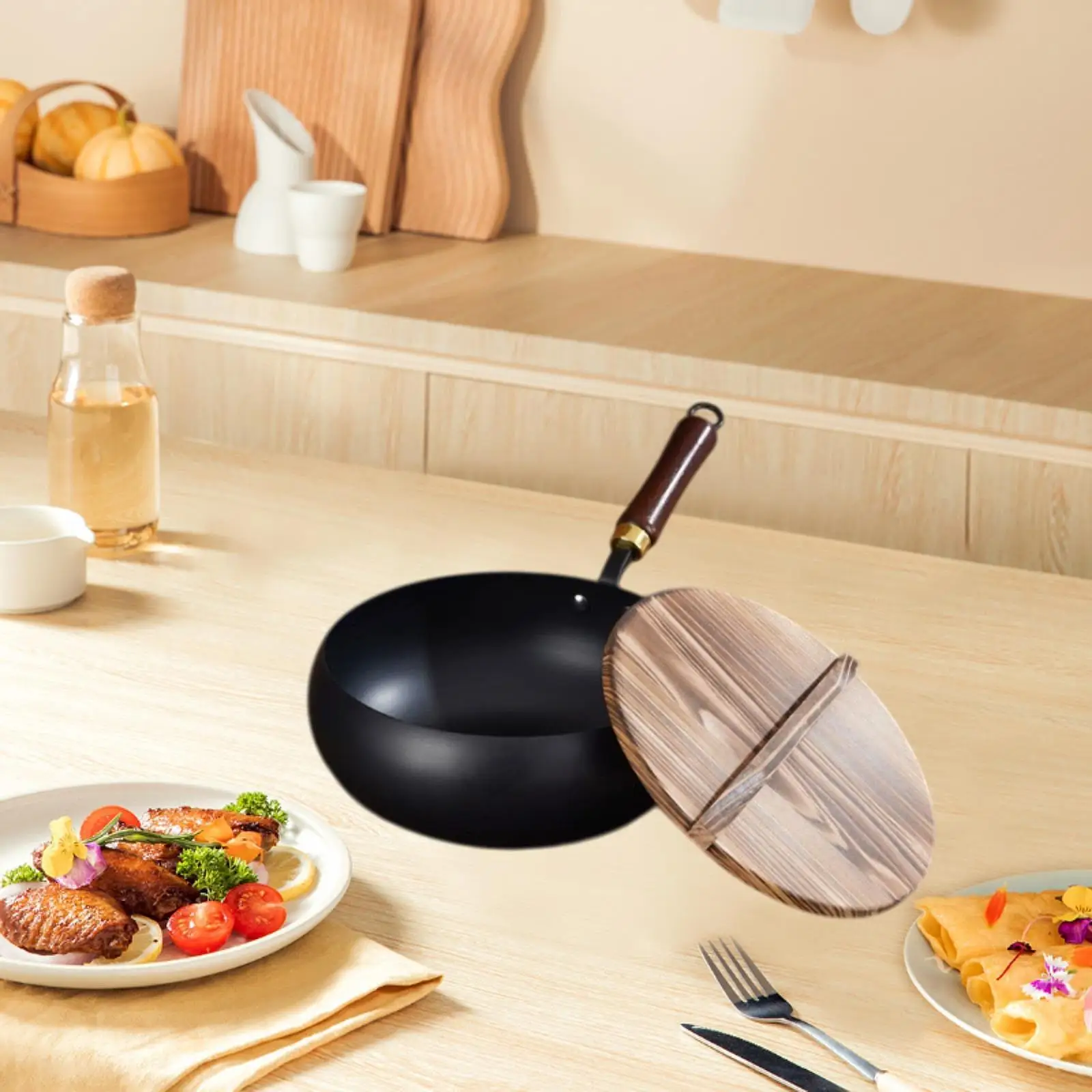 Nonstick Wok, Chinese Wok, Flat Bottom Cookware Stir Fry Pan with Wooden Lid for Kitchen Home Restaurant Nonstick Wok, Chinese Wok, Flat Bottom Cookware Stir Fry Pan with Wooden Lid for Kitchen Home Restaurant