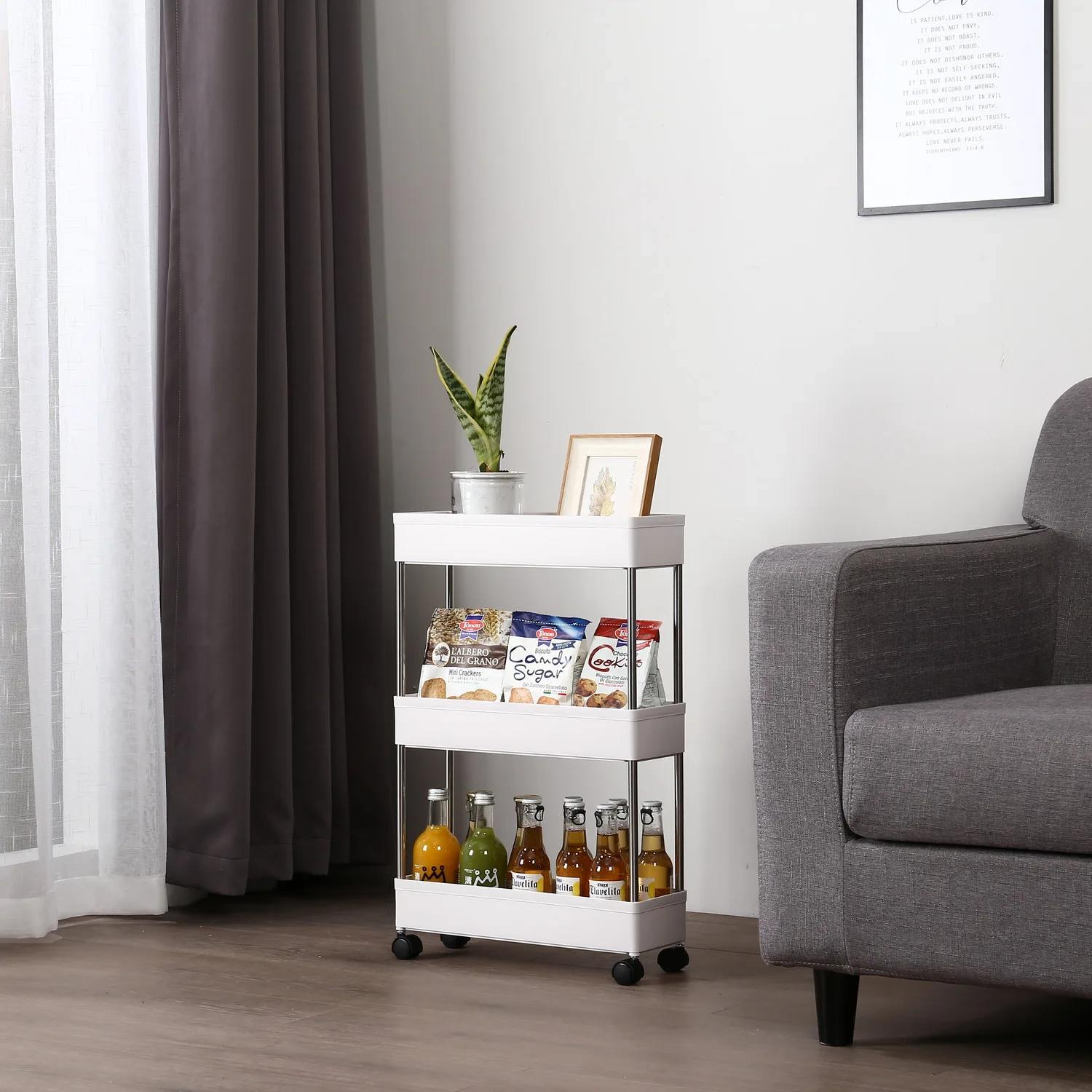 3-Layer Ultra-thin, Mobile Multi-Functional Slim Storage Cart,Suitable for Kitchen, Bathroom Narrow Place,Plastic, White