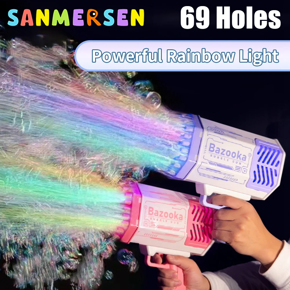 Bubble Gun Toys for Kids 69 Holes Electric Automatic Bubbles Machine with LED Light Soap Bubbles