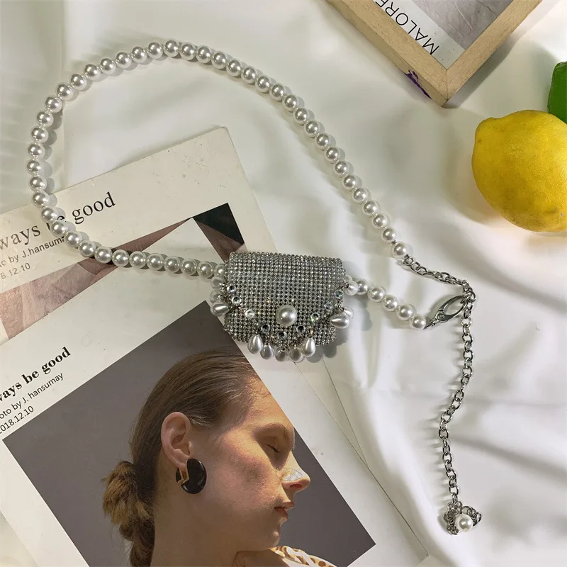 

Ins Pearl Chain Waist Bags Female Rhinestone Mini Bag Women Fashion Belt