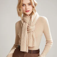 100% Wool Knitted Long Scarf For Women Winter Soft Warm Fashionable Stylish Two-In-One Scarf Shawls Hollow Out Wollen Neck Warm