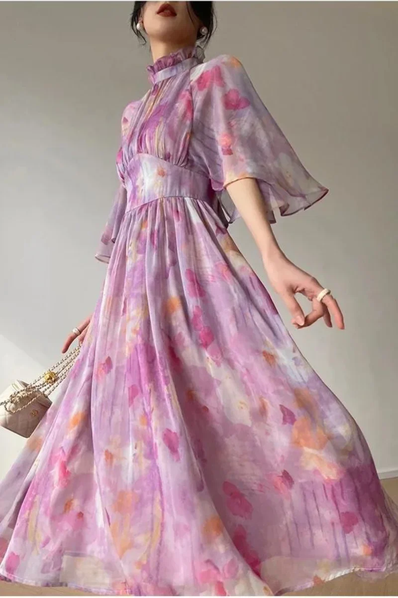 

Elegant Print Slim Dresses For Women Stand Collar Half Sleeve High Waist Ruched Long Dress Female Summer Big Hem Backless Style