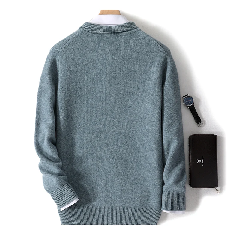 Men\'s Knitted 100% Woolen Sweater with Thickened POLO Collar Classic Suit Lining Business Casual Sweater