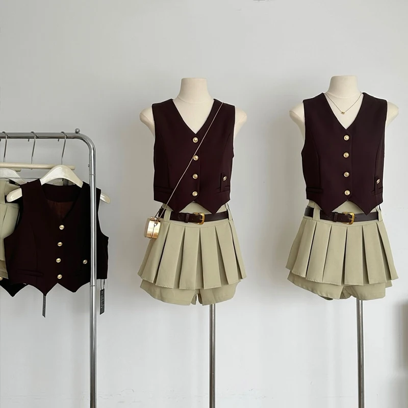 

Preppy Style Sets For Women Tank Vest Coat + Skirts Cute Young Suits Retro Cover Hips Two Pieces Clothing