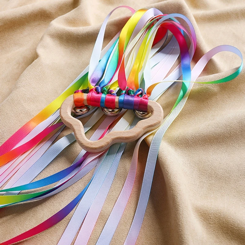 Montessori Wooden Rainbow Ribbon Rattle Hand Baby Develop Hearing Recognition Sensory Shower Birthday Gift baby toys,baby rattle toys,hanging rattles toy,ball rattle toy,plush rattle toy
