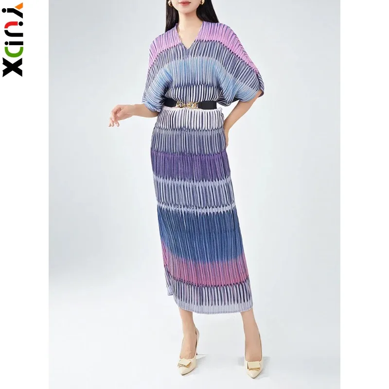 

YUDX Miyake Contrast Color Striped Pleated Dress Women V Neck Batwing Sleeves Long Dresses Party Spring New Hip-covering Robe