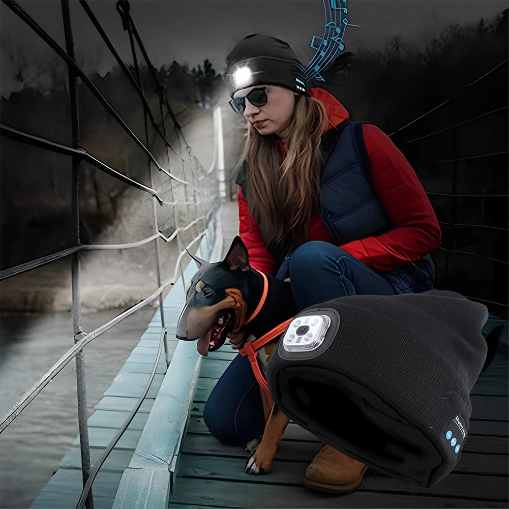 Bluetooth Beanie Hat with LED Headlamp and Wireless Headphones