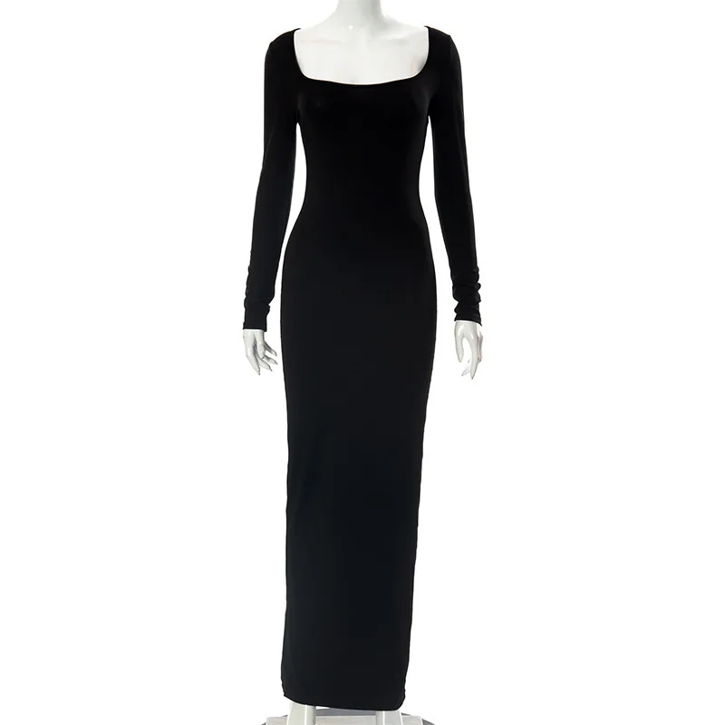 Dresses For Women 2023 Long Sleeve Sexy Black Long Dress Y2k Solid Skinny Bodycon Trumpet Maxi Dresses Evening Vestidos