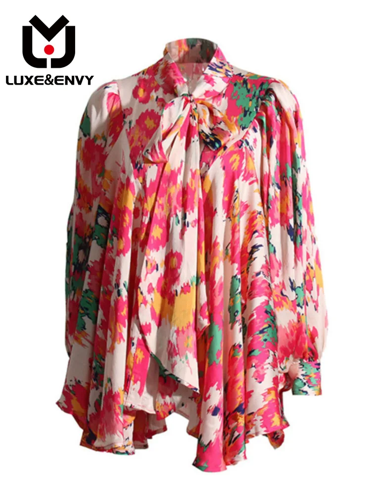 

LUXE&ENVY 2023 Summer New Floral Print Sleeve Lace Up Design Pleated Long Shirt Top Women 2023