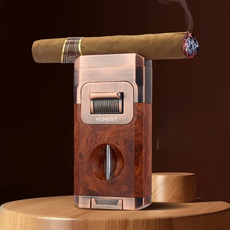 Gas lighter Cigar tools Stylish luxury Cigar lighter with V shape knife holder Dual nozzle flame butane refillable torch smoker gift
