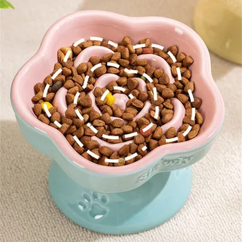 Ceramic Cat Slow Food Bowl Flower Shape Anti Slip Cute for Cats Kitten Small Dogs Drinking Feeding Bowl Handmade Pet Feeder