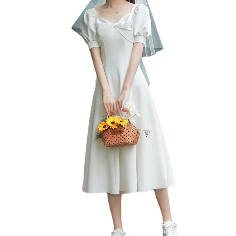 

Свадебное платье во французском стиле, атласная белая юбка для номерного знака, легкое свадебное платье с бантом, Помолвочное платье средней длины