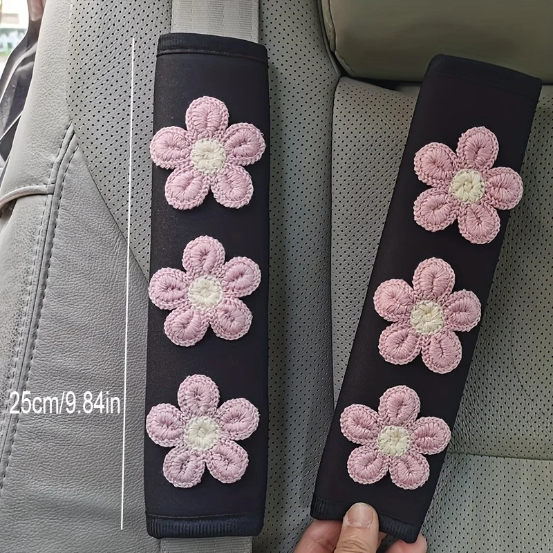 Set of 2 Ice Silk Pink Flower Seat Belt Covers with Cartoon Design - Small Flower Interior, Available in 7 Colors