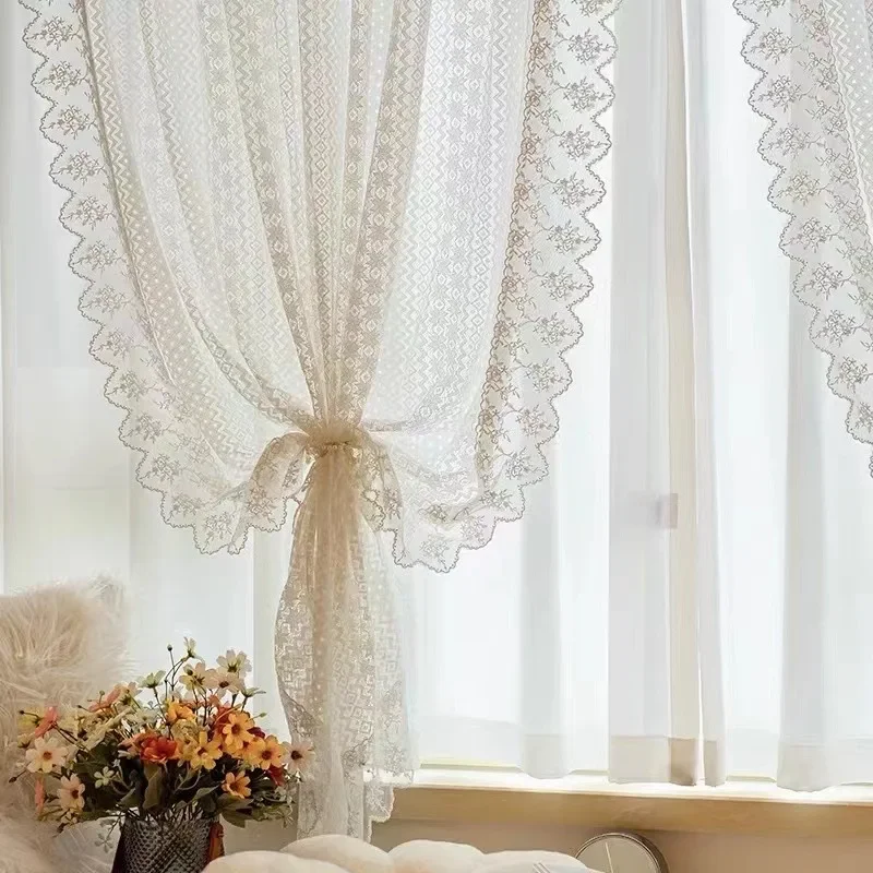 French Romantic White Star Floral Pattern Ruffles Sheer Lacework Curtains for Living Room Tulle for Windows Drapes Door Luxury