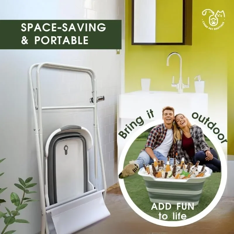 2-in-1 Dog Bathtub & Washing Station, Elevated Collapsible Bathtub with Drainhole, Shower Head Holder & Storage Rack, Foldable 3