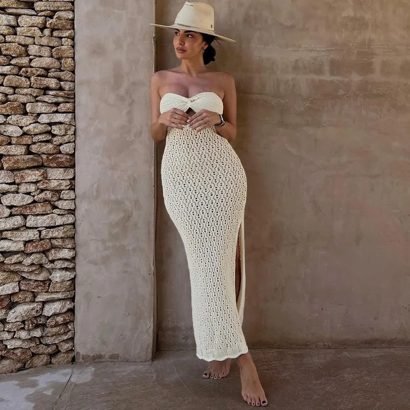 

Women Summer New Sexy Strapless One Word Led Hollow Out Long Dress Wholesale Knitting Vented Elegant High Waist Sundresses Maxi