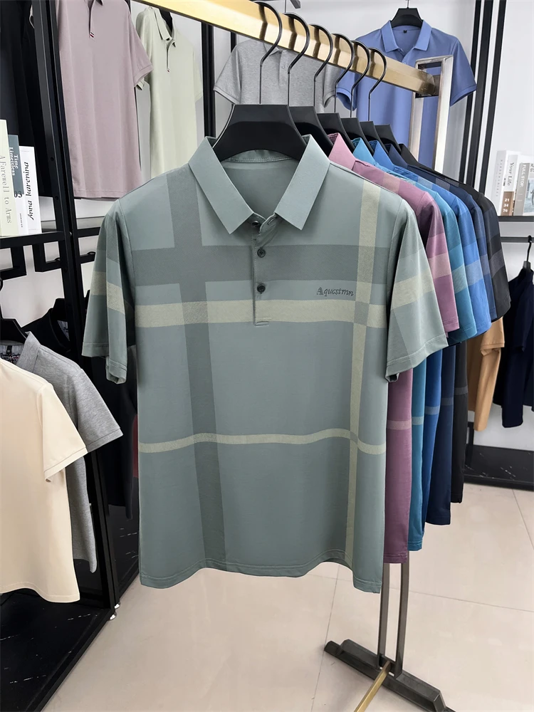 Summer High-end Luxury Men's Polo Shirt Lapel Stripe Print Short-sleeve Seamless T-shirt British Business Fashion Top Men's Wear 23 S2b1c4c9e75f944c98b026aafc81f3a48k