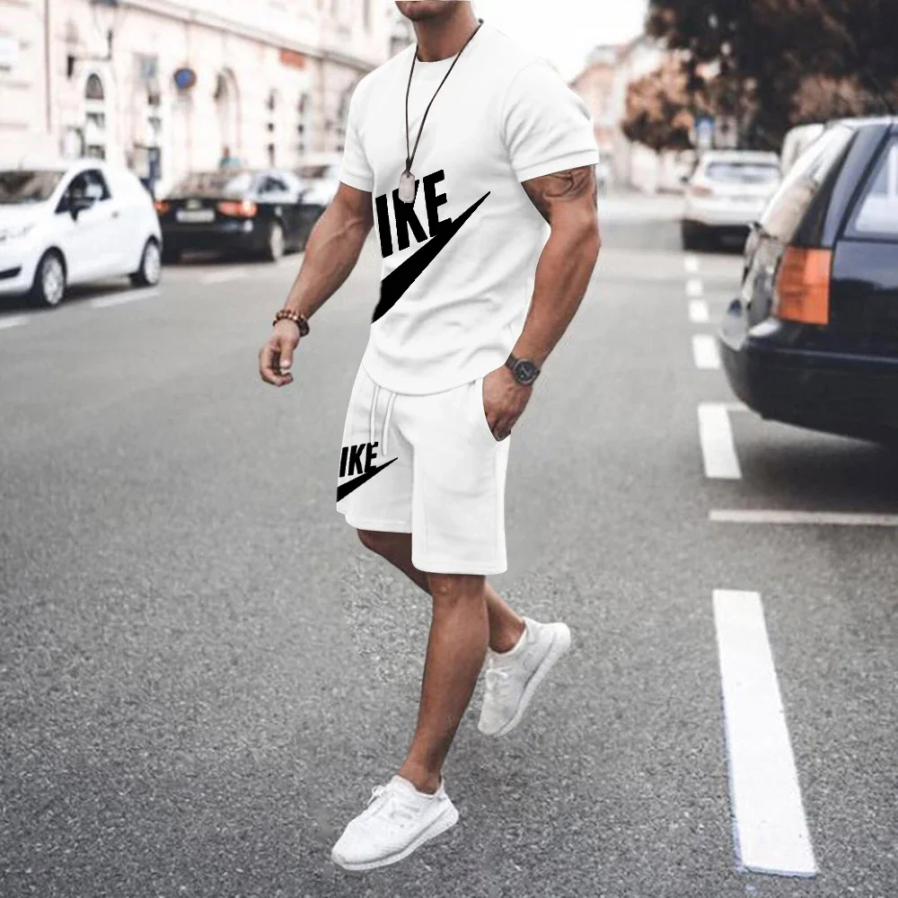 Summer Men's Clothing Two Pieces Sets Mens Casual Tracksuit Men Print Short Sleeve Sets Mens T-shirt + Shorts Fitness Sports Set