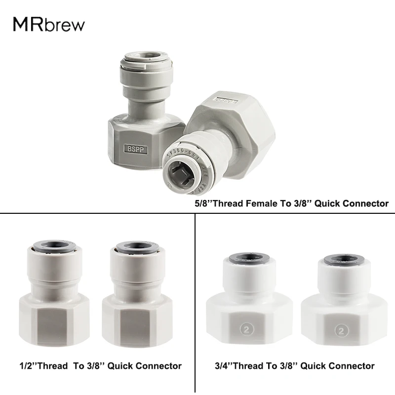 2Pcs 3/8(9.5mm) Push In Fittings To 5/8 1/2 3/4 Thread Female Adapter Plastic Quick Connector Joint For Keg Coupler Tap Shank