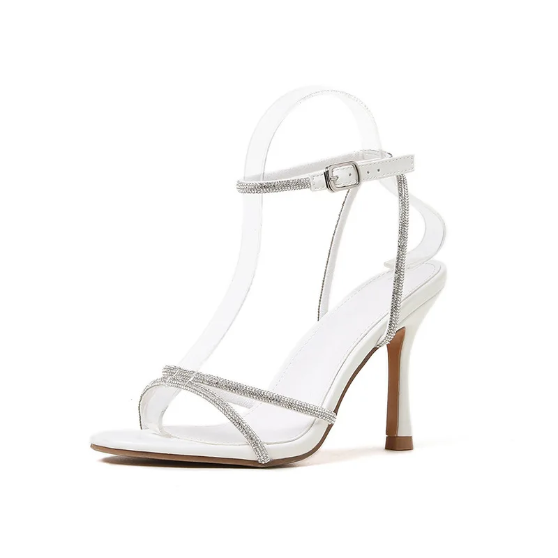 Sandalias de lujo para mujer, sandalias de verano con punta abierta y diamantes de imitación, tacones altos concisos, zapatos de tacón para mujer con tiras en el tobillo, zapatos de diseñador
