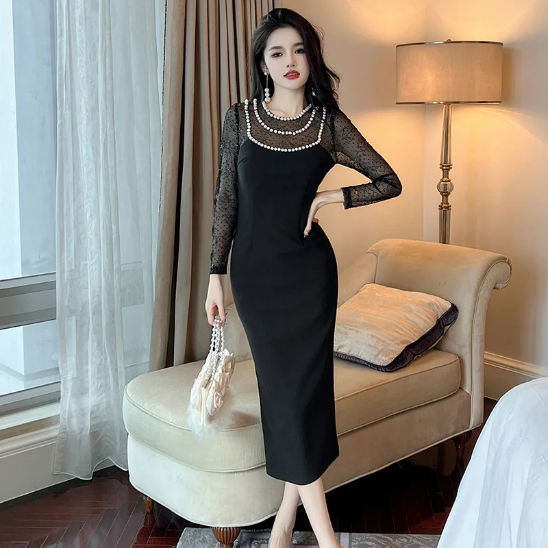 

2023 Autumn and Winter Wear New Wide Wife Heavy Industry Pearl Neck Mesh Splice Slim Fit Dress Underlay 20748