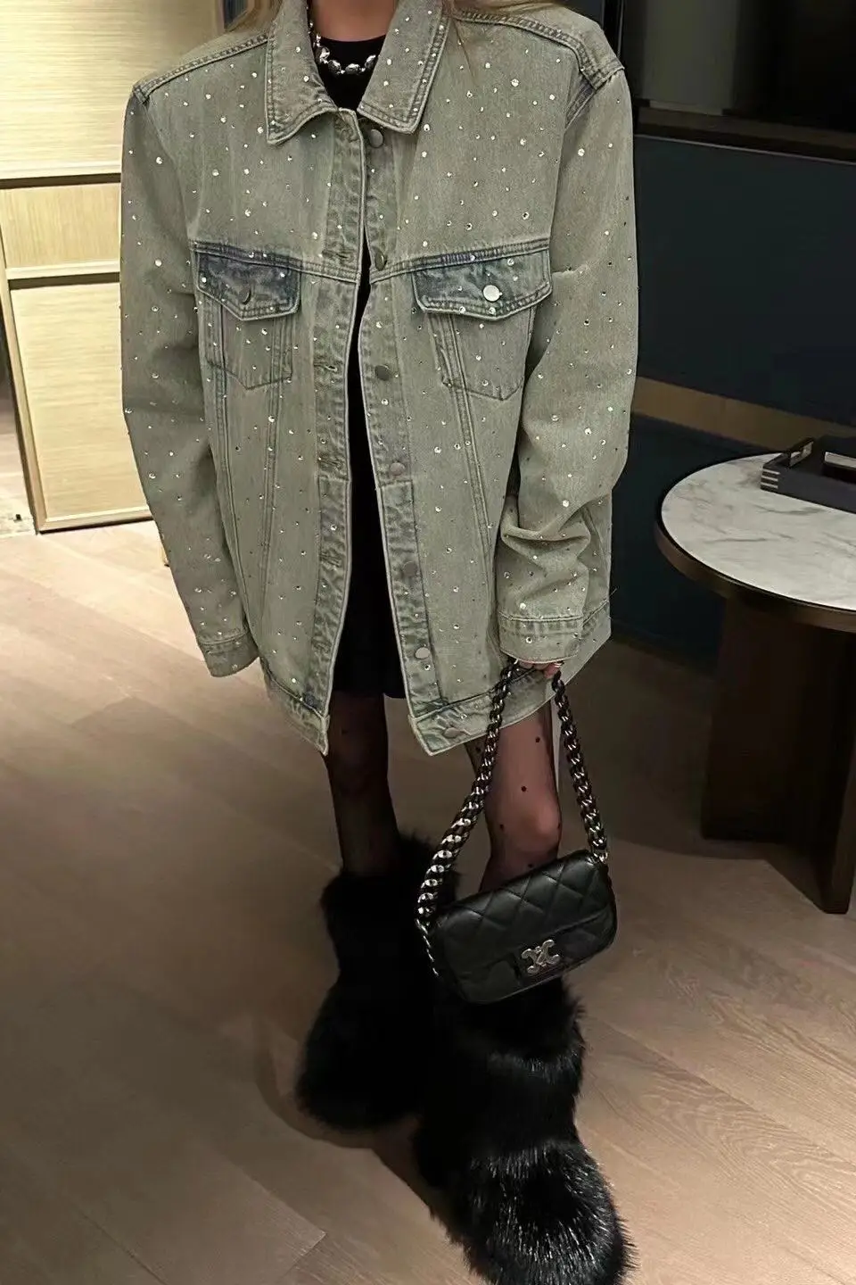 

Street Wear Hot Drilling Diamonds Denim Jacket Women's Coats Autumn 2023 New Fashion Loose Rhinestone Jean Jacket Top