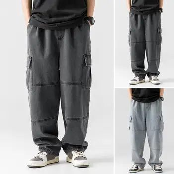 2025 Spring And Autumn Vintage Wide Leg Big Pocket Overalls Men Neutral Loose Straight Leg Casual High Street Hip Hop Jeans 1