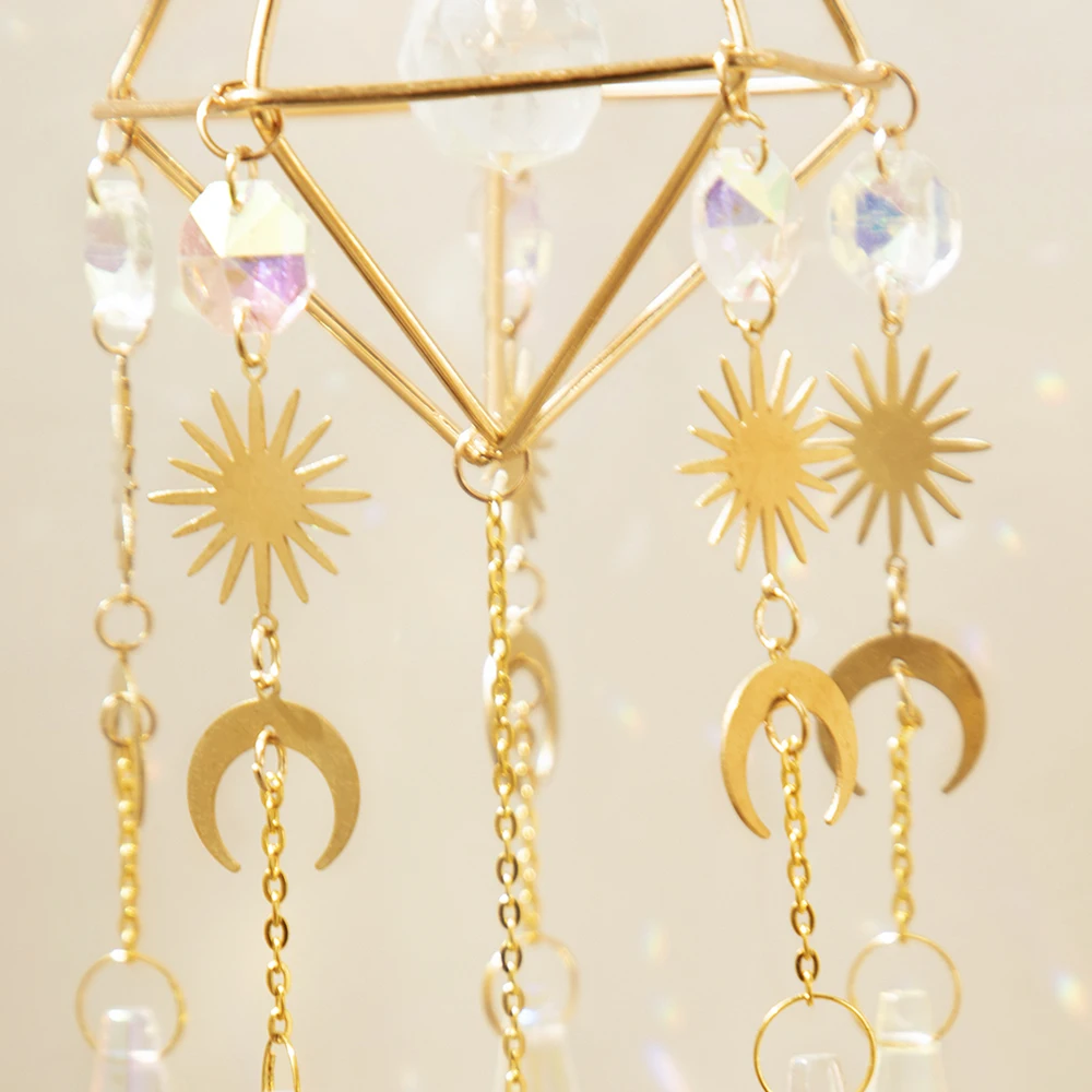 Hanging Golden Crystal Suncatcher Sun&Moon Light Catcher Rainbow Prisms Sun Catchers for Outdoor Decor Garden Ornaments Pendants