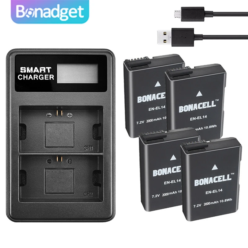Bonadget 2000mAh EN-EL14 ENEL14 EN EL14 카메라 배터리 + Nikon D5200 D3100 D3200 D5100 P7000 P7100 MH-24 