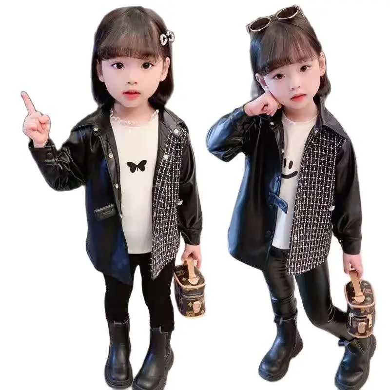 

Женская одежда, наряды, куртка из искусственной кожи, весенне-осенняя верхняя одежда, детская одежда для девочек, кожаная куртка на молнии, пальто