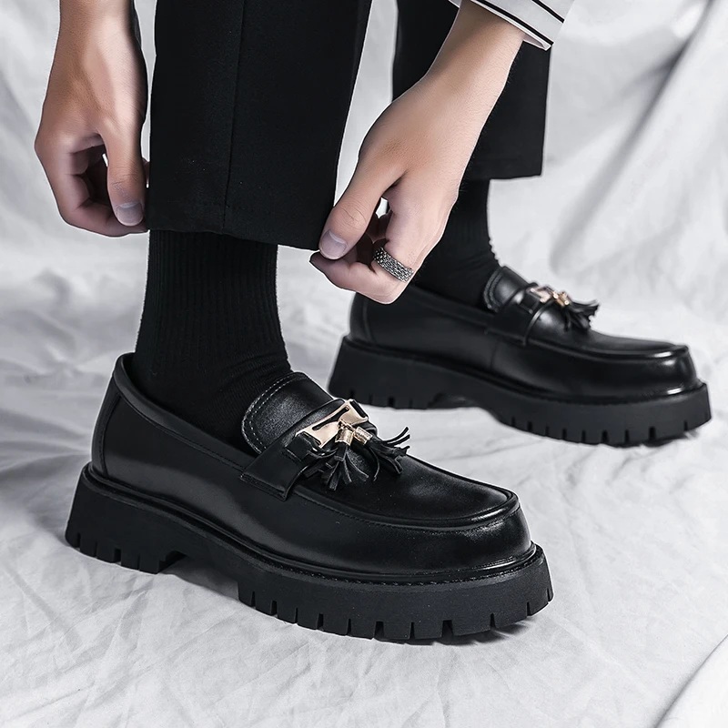 STRONGSHEN Men Tassel Casual Leather Shoes Mens Handmade Mocassin Loafers Brand Luxury Fashion Tassel Platform Business Shoes leather shoes